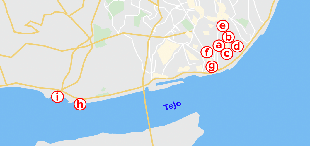 Karte mit den beliebtesten Sehenswürdigkeiten in Lissabon, meine Lissabon Tipps sind hier mit Buchstaben markiert.