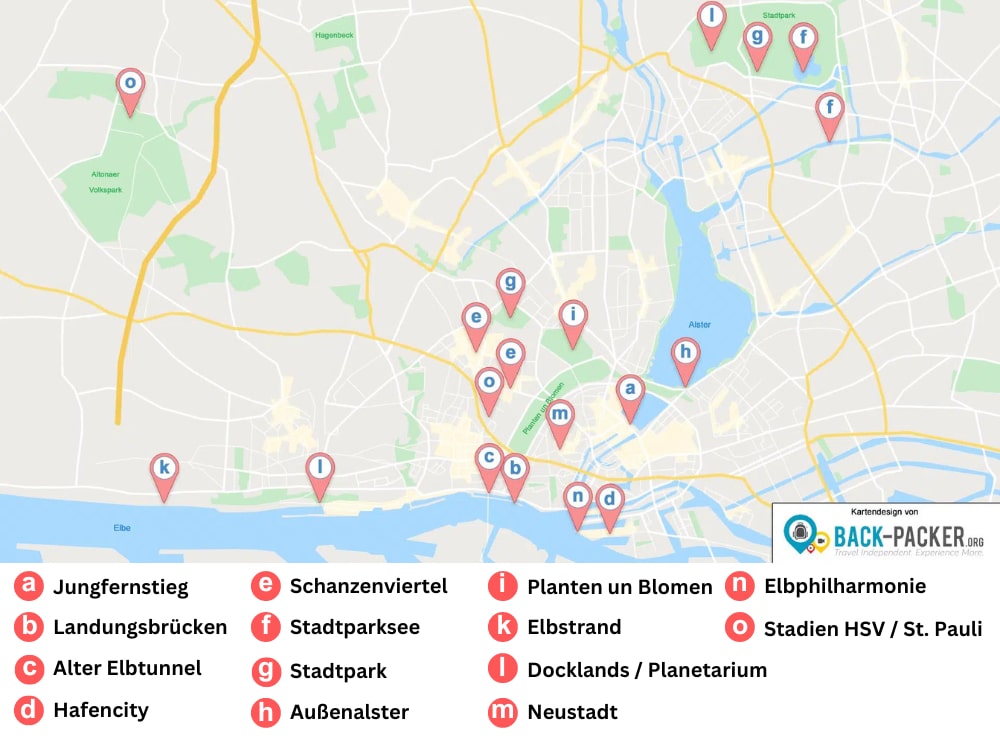 Hamburg Stadtkarte mit Markierungen der Attraktionen