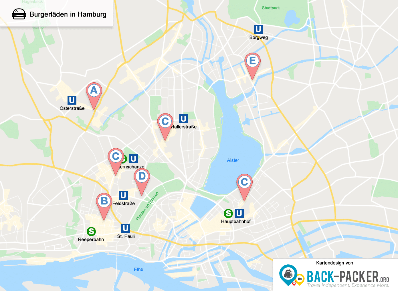 Karte der besten Burgerläden in Hamburg