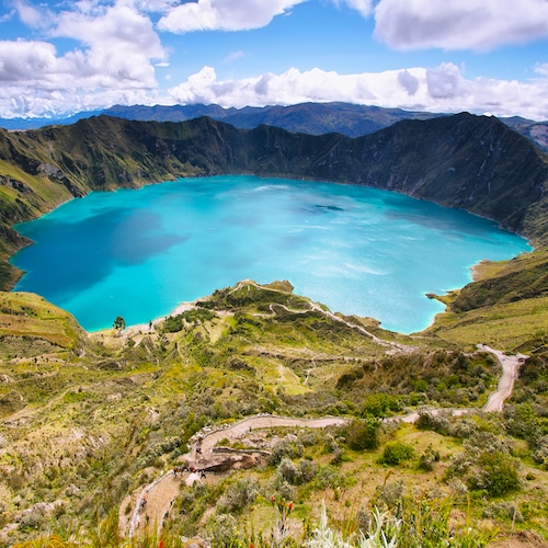 Amazing view of lake of the Quilotoa caldera. Quilotoa is the western volcano in Andes range and is located in andean region of Ecuador.