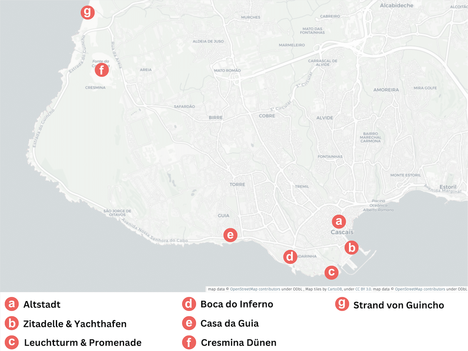 Karte von Cascais Portugal mit Markierungen der einzelnen Sehenswürdigkeiten