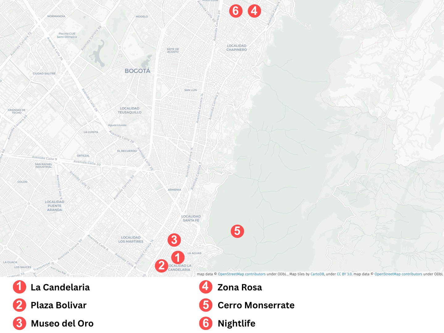 Karte von Bogota in Kolumbien mit Markierungen der einzelnen Bogota Sehenswürdigkeiten.