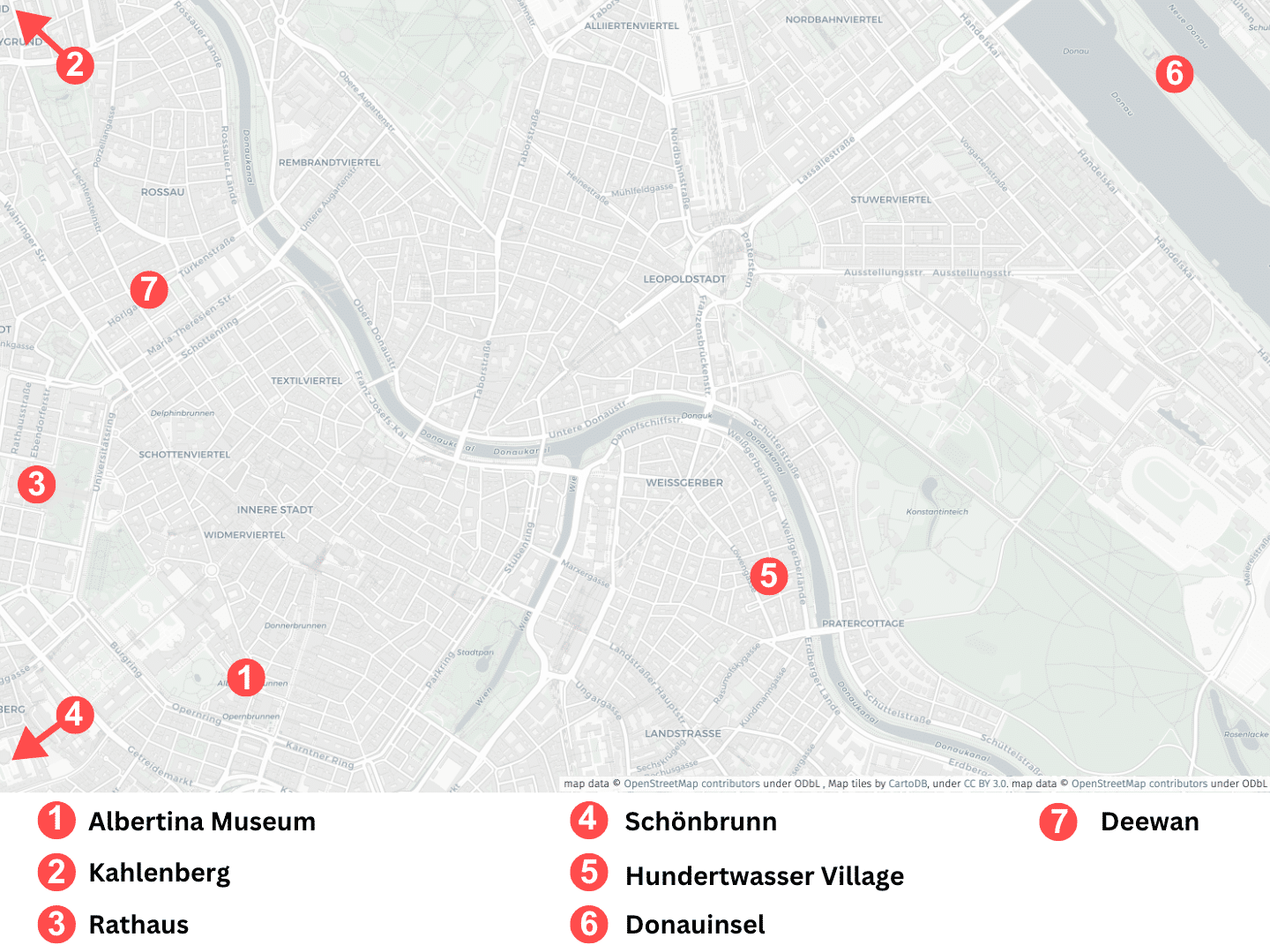 Karte von Wien in Österreich mit Markierungen der einzelnen Wien Tipps.