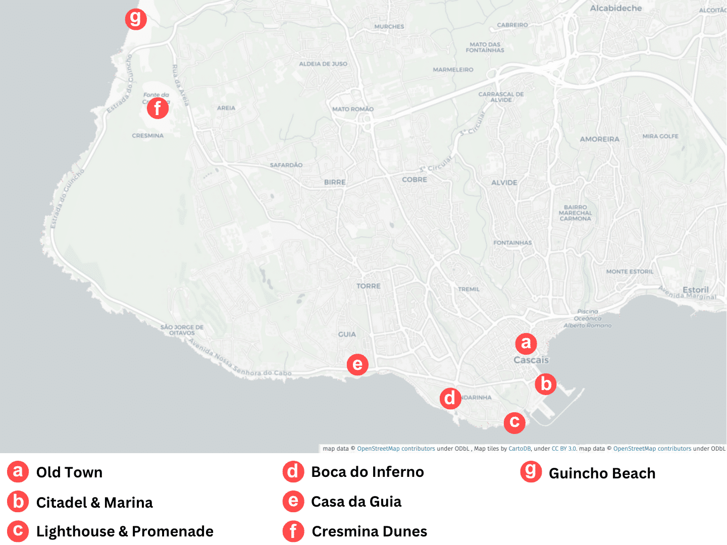map of cascais with markers of all the things to do in cascais that I covered covered in this segment