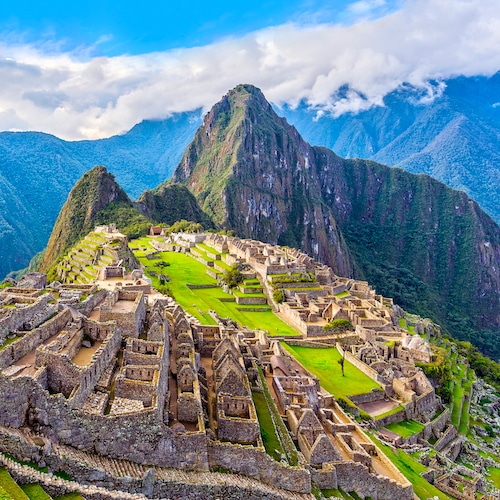 View of Machu Picchu, Peru with Wayna Picchu rising in the background