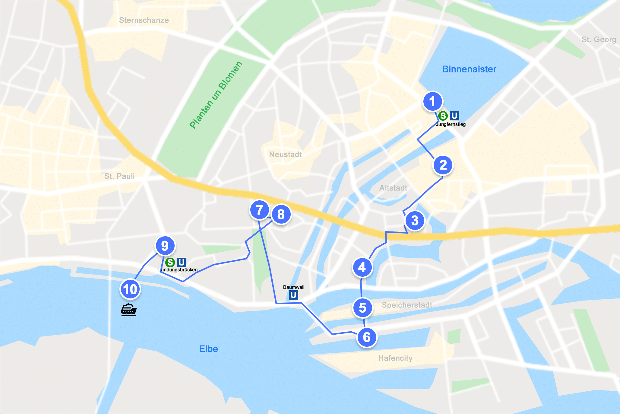 Karte mit Markierungen der Attraktionen in Hamburg, die ich folgend beschreibe