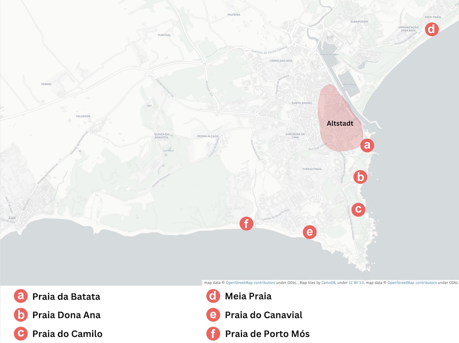 Karte von Lagos in Portugal mit Markierungen der schönsten Strände in Lagos.