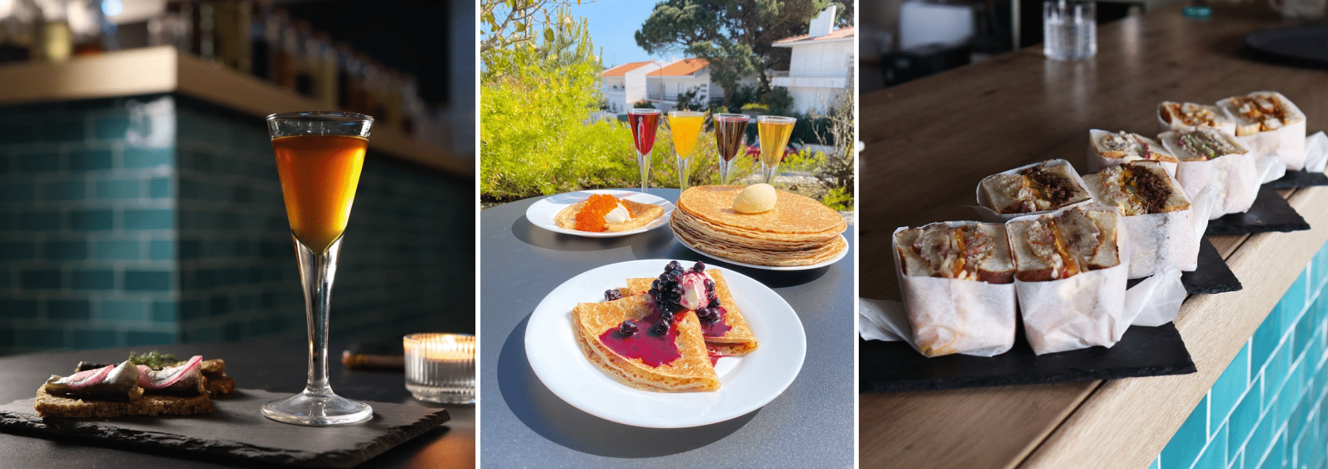 three images with the first showing a glass of nastoyka, the second showing pancakes with berries and the third showing several sandwiches ready to be served