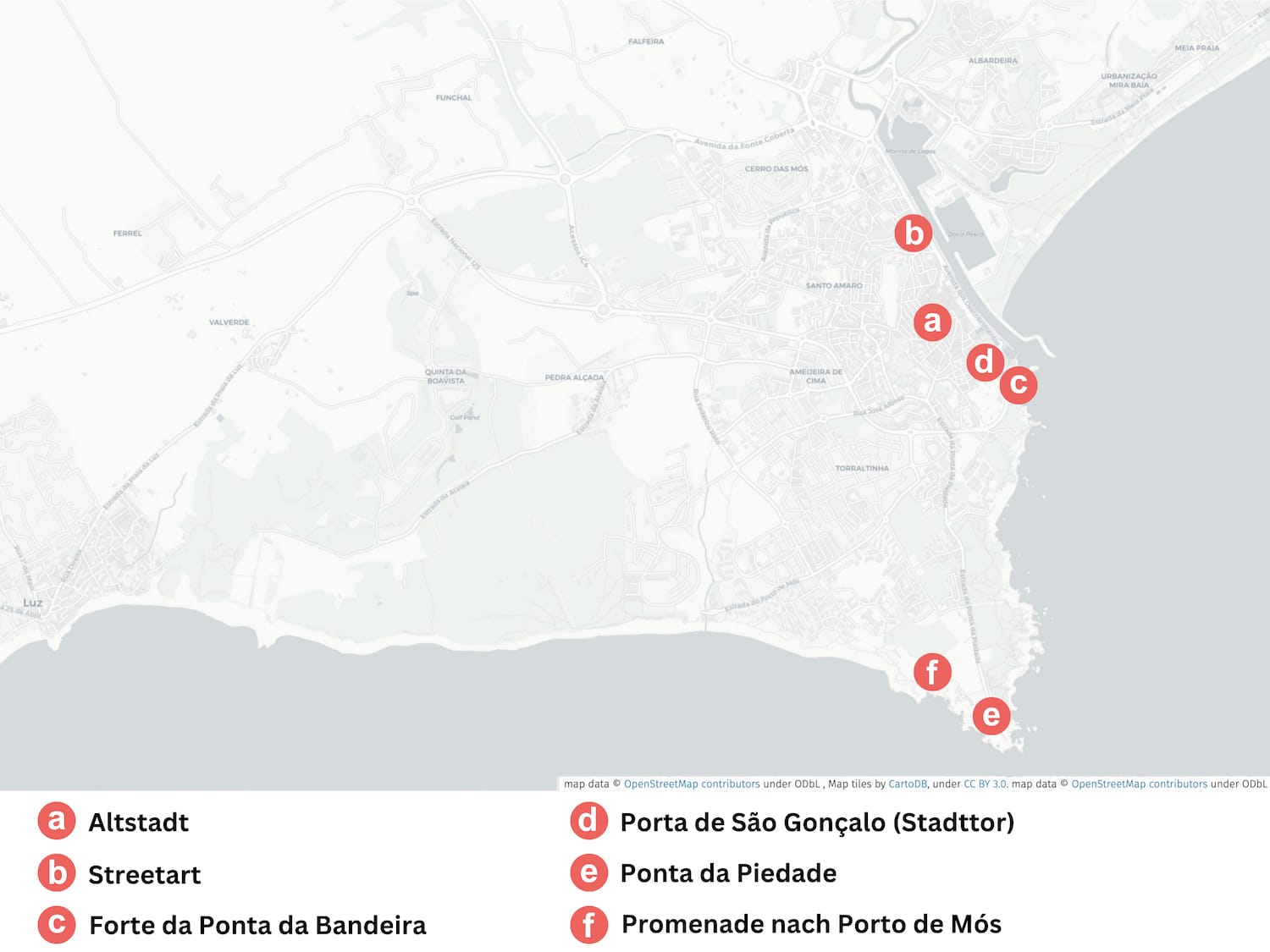 Karte von Lagos in Portugal mit Markierungen der einzelnen Lagos Sehenswürdigkeiten.